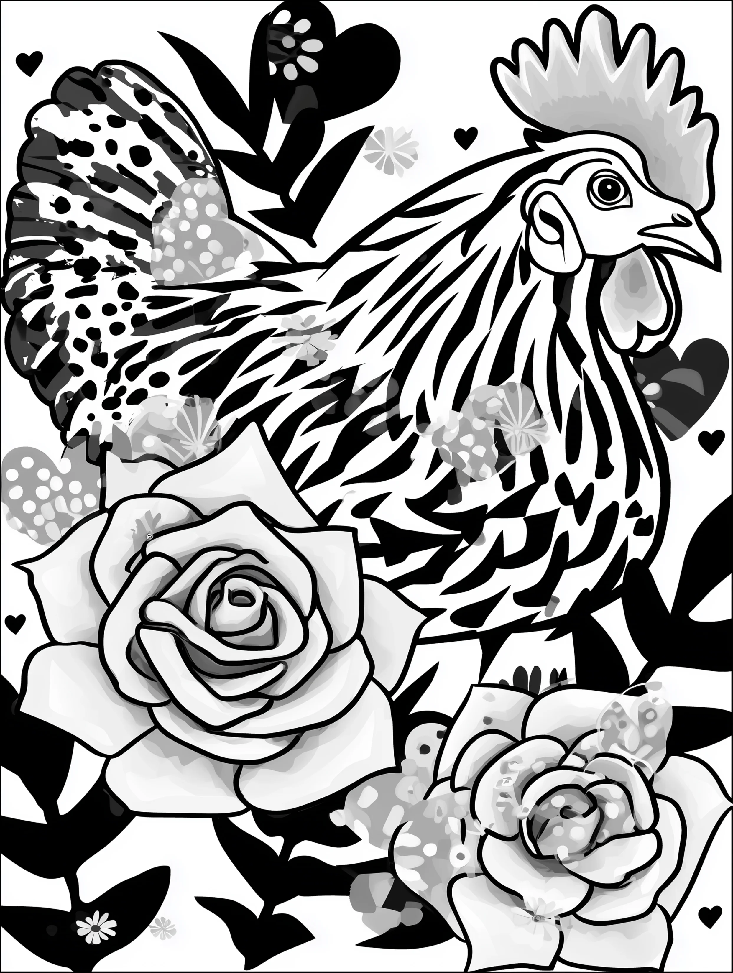 Free printable bird coloring page for adults featuring a chicken on roses